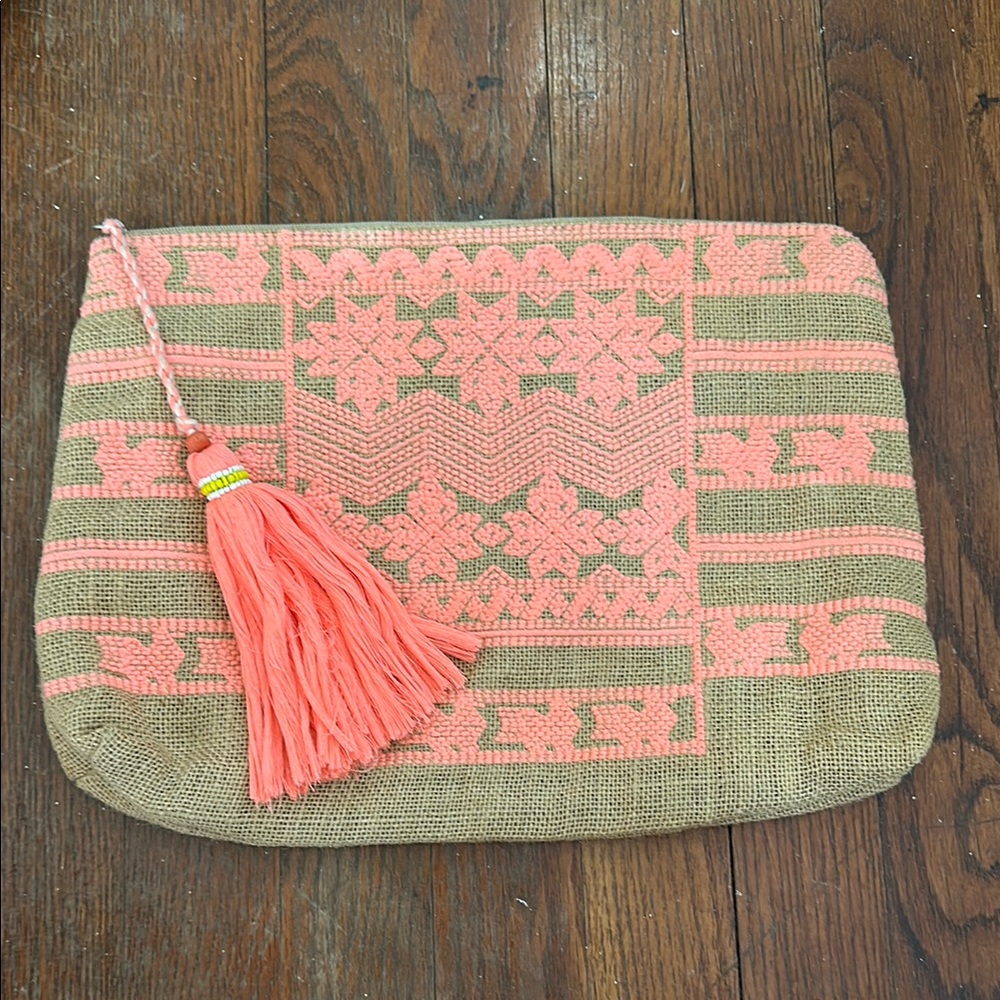 Coral Woven Embroidered Clutch with Tassel